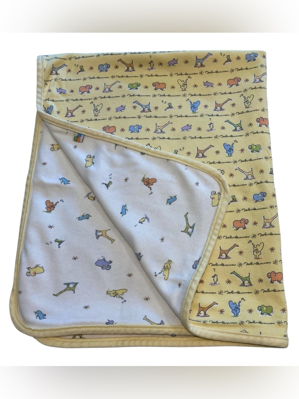 VTG Carter's John Lennon Baby Blanket Animals Yellow White Reversible 24 x 30